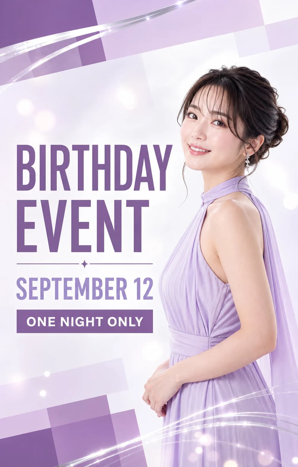 明るいラベンダーと銀を基調にしたバースデーイベントポスターのNightPic作例