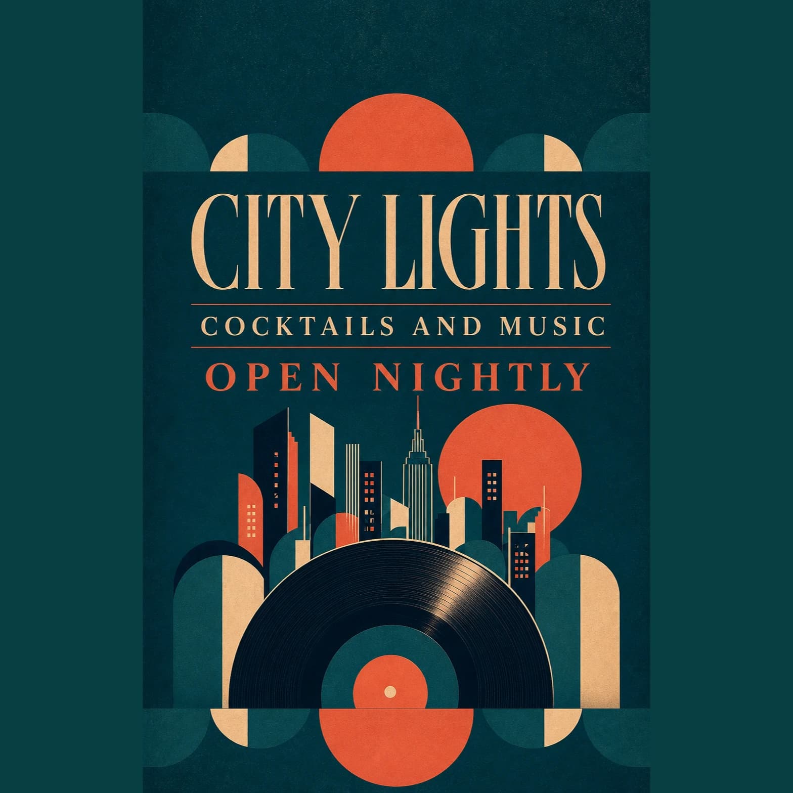 ティールとコーラルを基調にした音楽ラウンジのブランドポスターのNightPic作例
