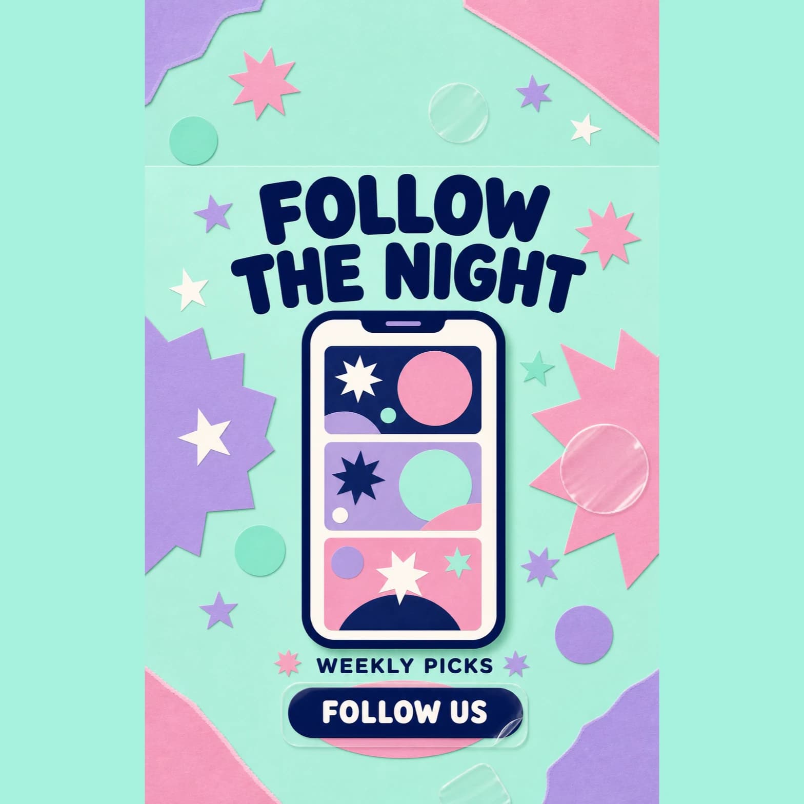 ミントとピンクを基調にしたSNSフォロー告知ポスターのNightPic作例